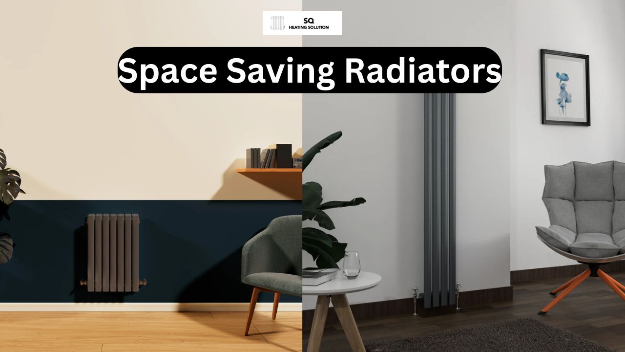 Images of a tall radiator and a horizontal radiator shown side by side in two different rooms.