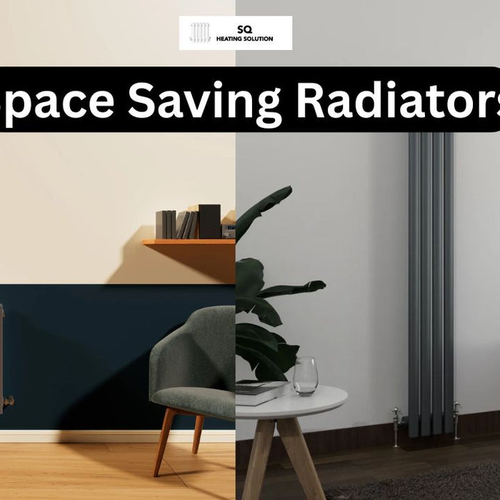 Images of a tall radiator and a horizontal radiator shown side by side in two different rooms.