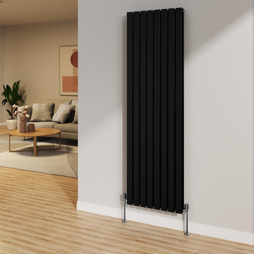 Flat Panel Vertical Designer Radiator mounted on a wall inside a modern home