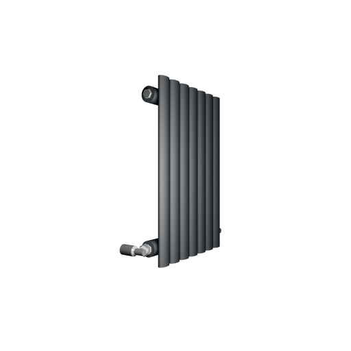 A modern horizontal column radiator in a living room setting, colored in a dark shade, possibly black or anthracite, blending with the room's decor.