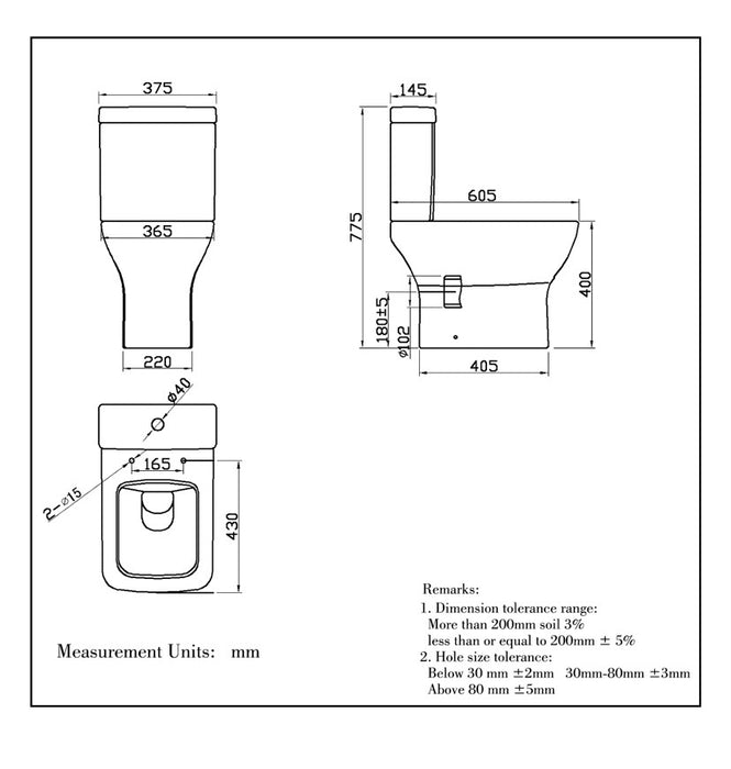 Close Coupled Toilet Square Ceramic White Short Projection Bathroom WC